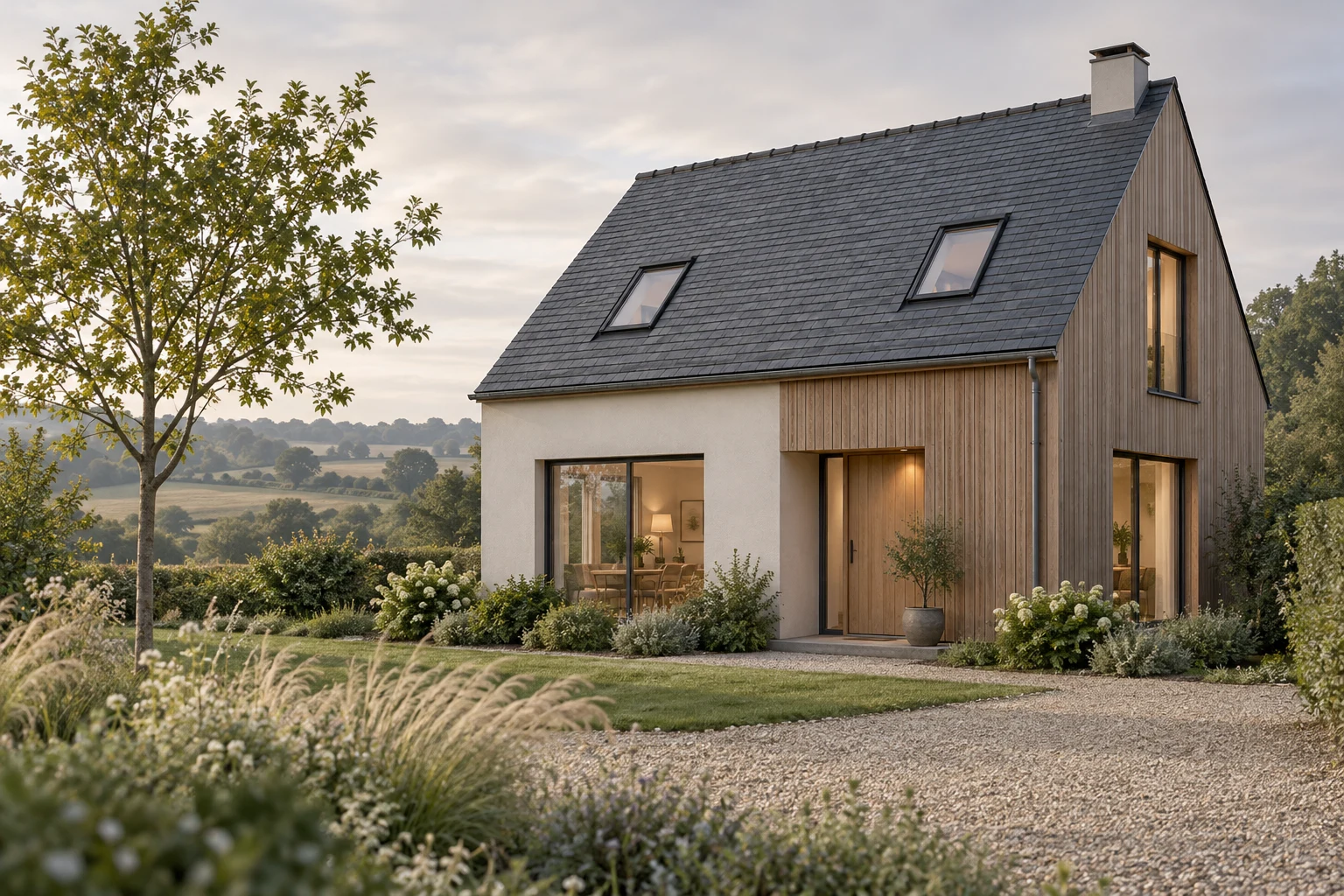 Illustration d’une maison à toiture d’ardoise, façade en bois et enduit, ouverte sur un jardin